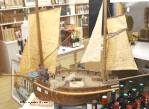 A clinker-built wood sailing boat model, hull 64cm